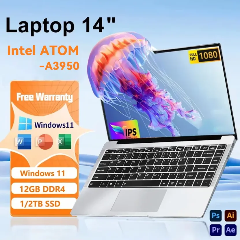 Laptop FUCHU 2026 Nuovo Arrivo 14.1 Pollici 12GB RAM 512GB 1TB 2TB SSD Intel ATOM X7 A3950 Windows 11 Notebook per Studio, Intrattenimento, Lavoro e A