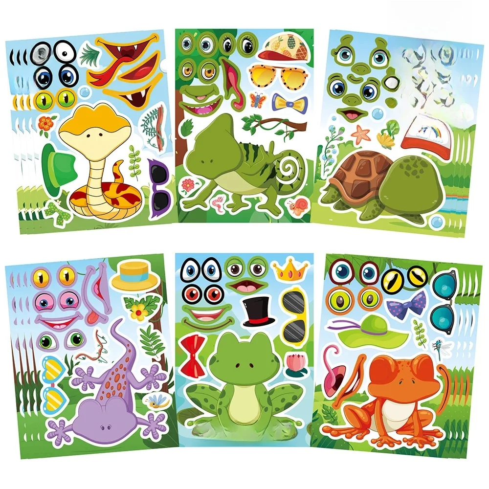 6/12 feuilles faire un visage animaux Puzzle autocollant enfants bricolage lézard grenouille serpent assembler Puzzle jouets éducatifs enfants faveur cadeaux