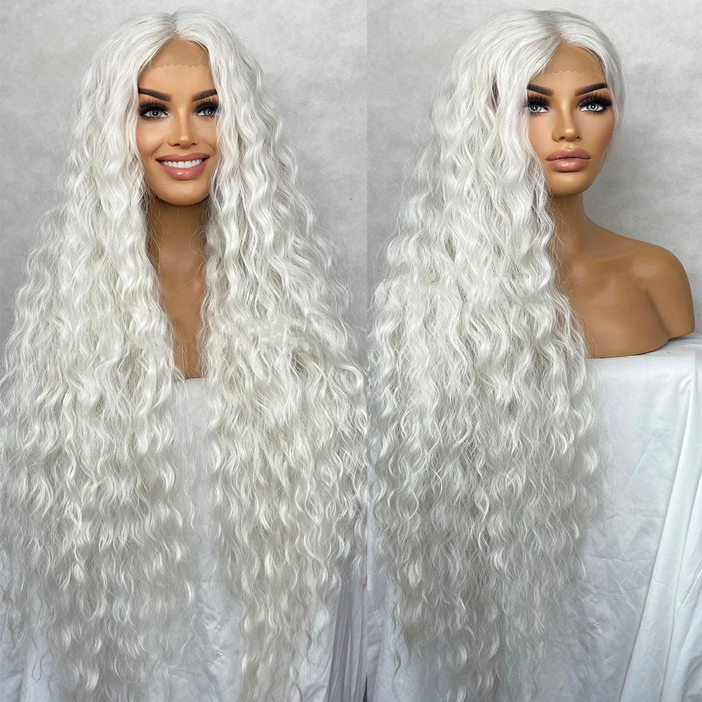 36 inch Wavy Curly Long Wig Lace Front Center Part Ice White Platinum Blonde Human Hair Blended Synthetic Fibers Heat Resistant