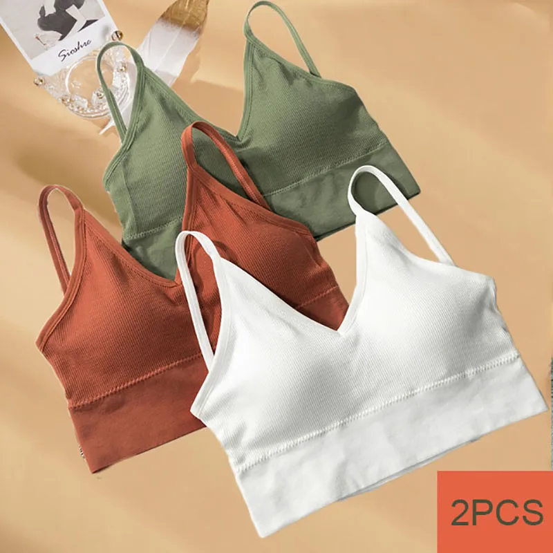 2 Pcs Padded Bra Sexy Womens Crop Tops Vest Tank Tops Lady Summer Sexy Lingerie Intimate 7 Colors Wire Free Active Bra