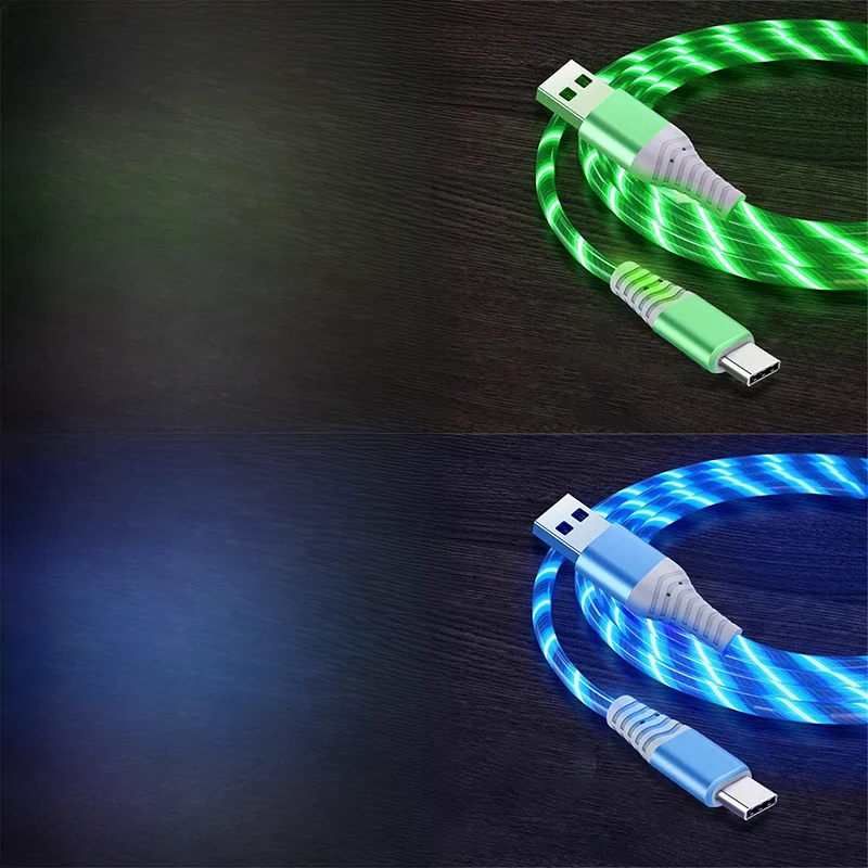 Fluxo luminoso usb tipo c cabo 3a cabo de dados de carregamento rápido para samsung xiaomi oppo