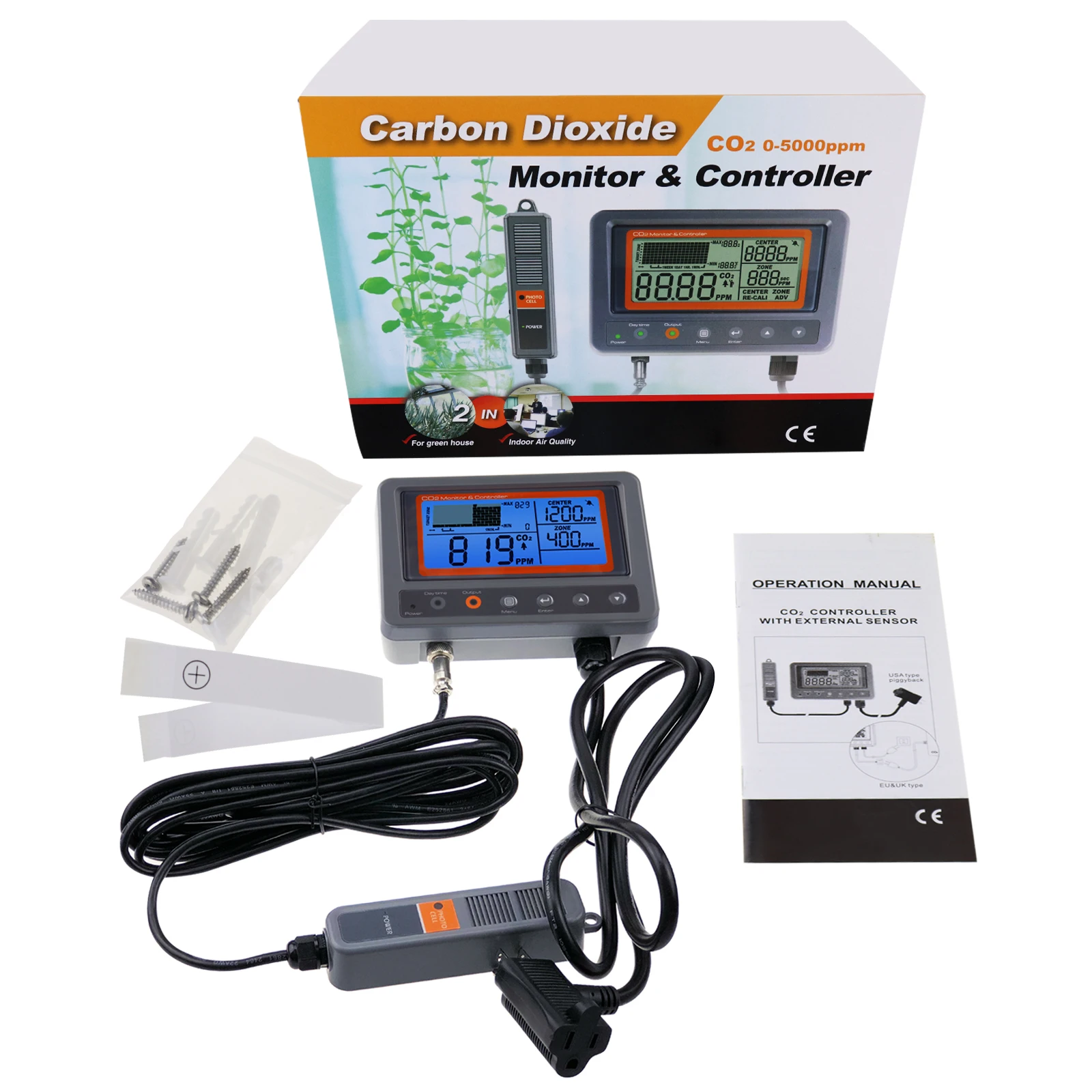 Carbon Dioxide CO2 IAQ Monitor Controller for Green House Home, Office, Factory w/ Relay Function NDIR Sensing Probe