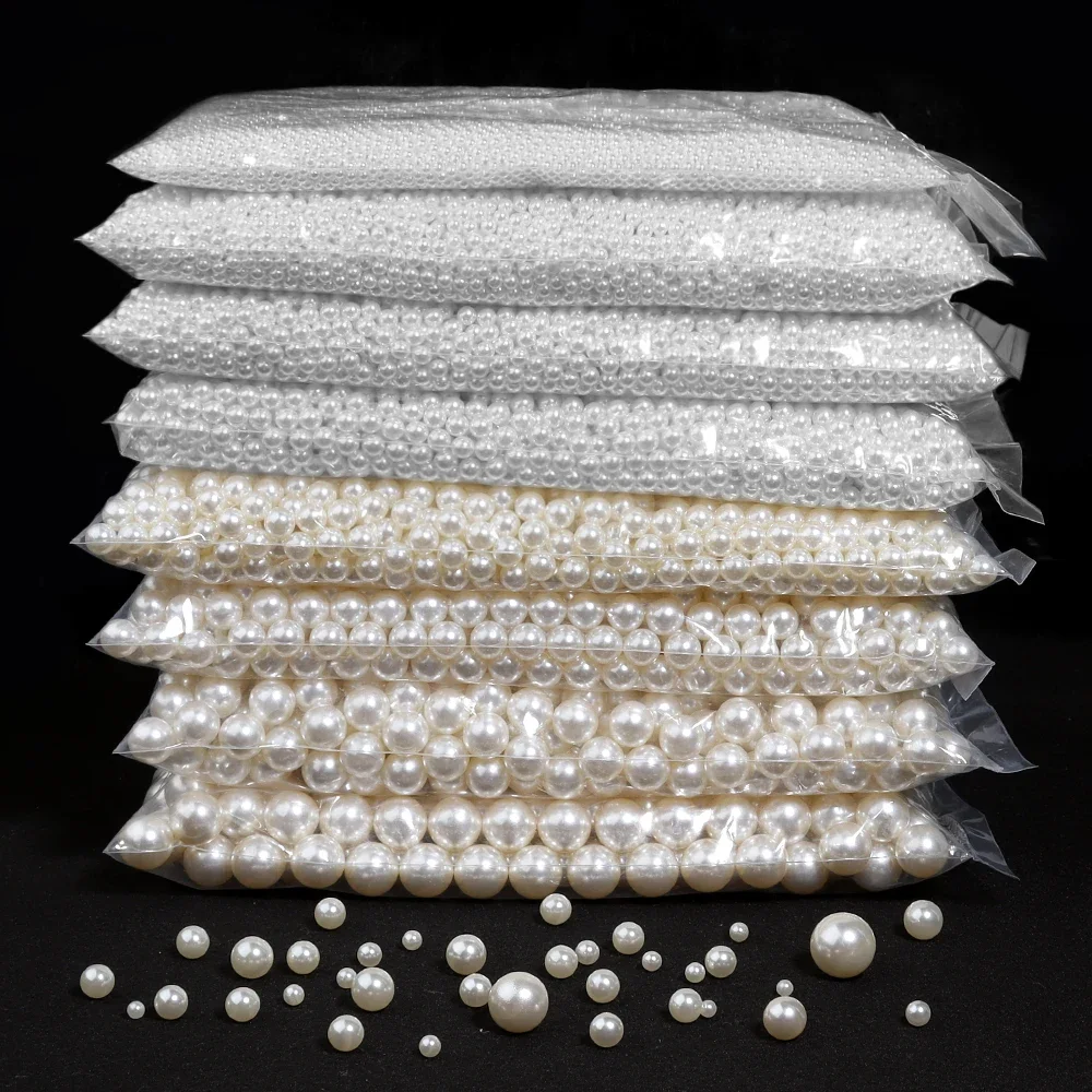 Perles d'imitation ABS blanches sans trou, 10 à 1000 pièces, perles amples multi-tailles pour bijoux, accessoires de collier, Bracelet à bricoler soi-même