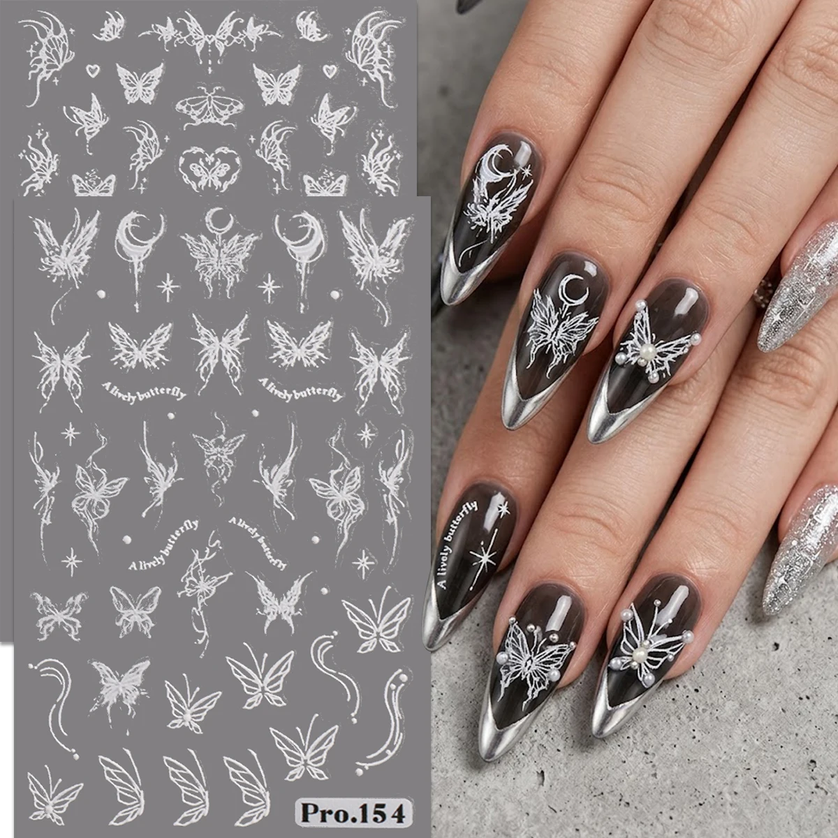 White Sweet & Cool Butterfly Embossed Nail Stickers, 3D Textured Y2K Fairy Star Moon Nail Decals, Aesthetic DIY Art Decoration f