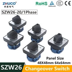 ZHUCO SZW26/LW26-20 OFF-ON ON-OFF-ON 012 01 102 20A 660V 1 Pole Selector Rotary Cam Changeover Switch 64X64 48X48 mm Panel Mount