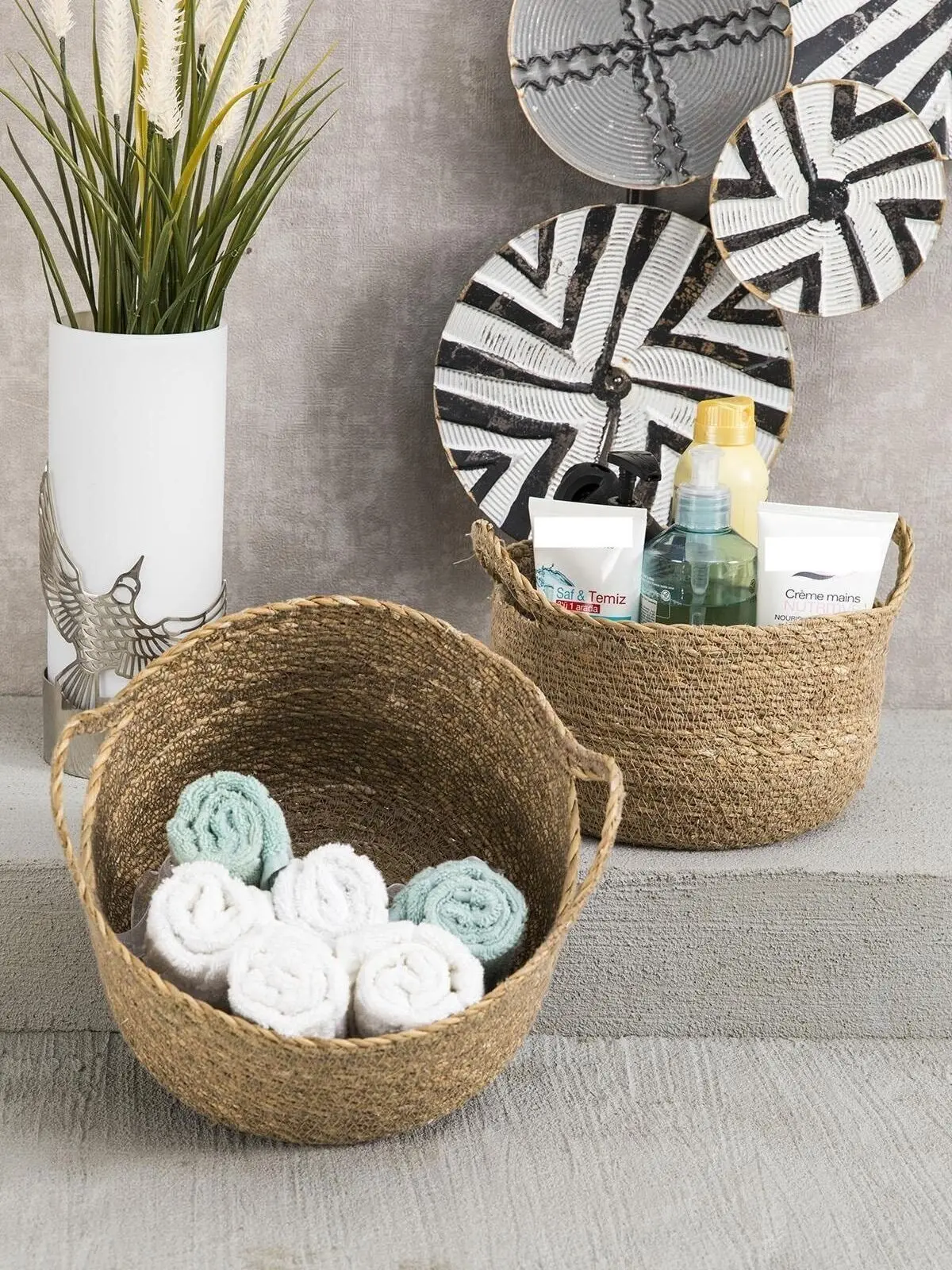 2 Pieces Natural Wicker Basket Organizer 2 Different Sizes Bathroom And Home Decor decoration material 23-26 cm diameter natural