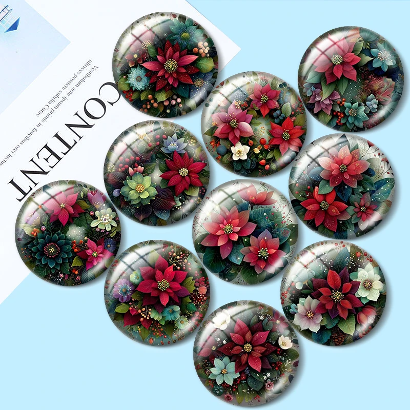 Winter Holiday Floral  12/18/20/25mm glass cabochon  bracelet pendant rings for jewelry demo earrings back Making findings