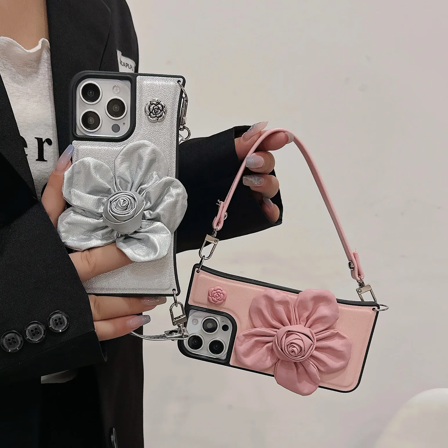 

Leather Flower Diagonal Bag for iPhone Creative Drop Resistant Phone Case Nude Pink Temperament 12 13 14 15 Pro Max