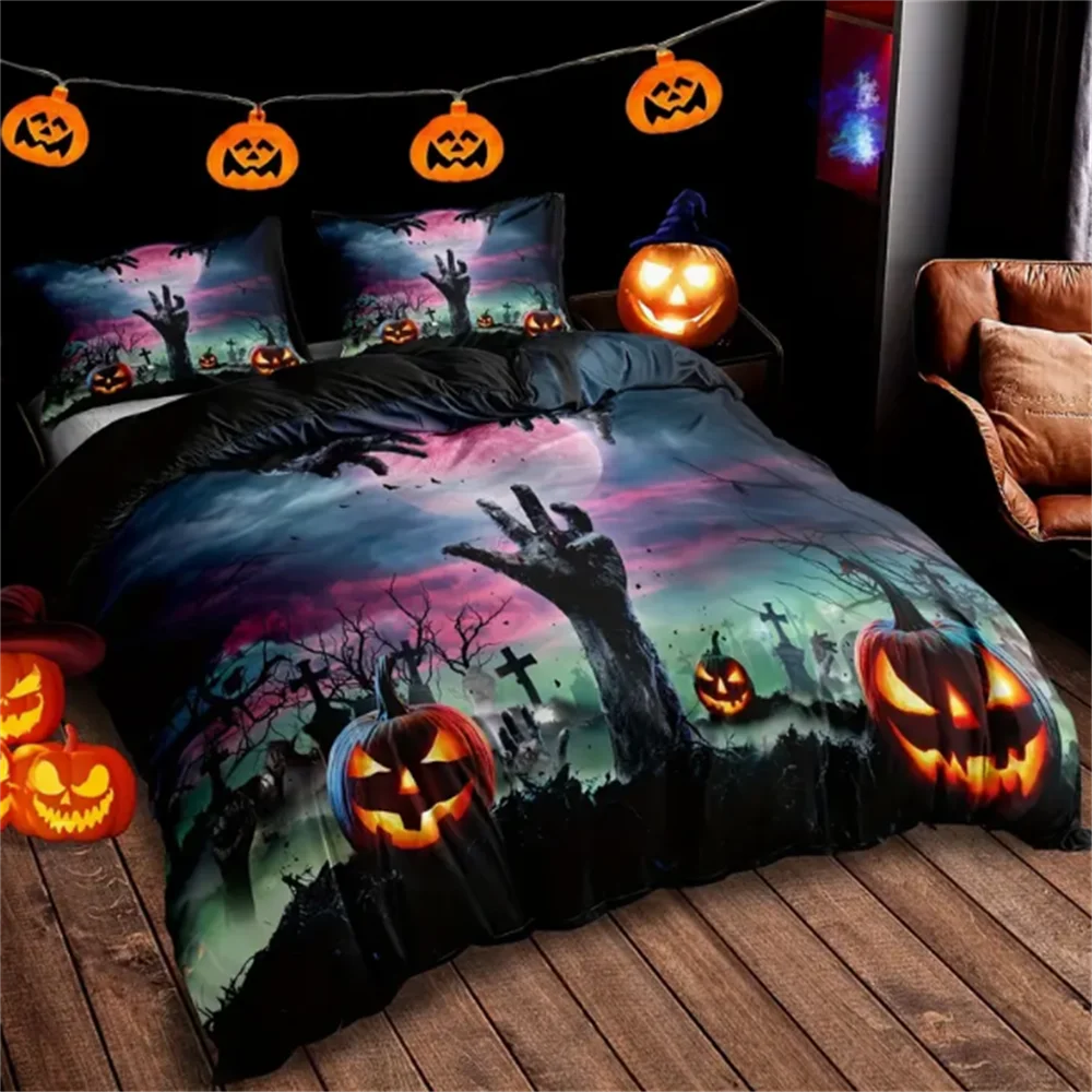 3-Piece Spooky Halloween Duvet Cover Set - Soft, Comfortable, Horror-Themed Bedding for Bedroom, Guest Room - Includes 1 Duvet