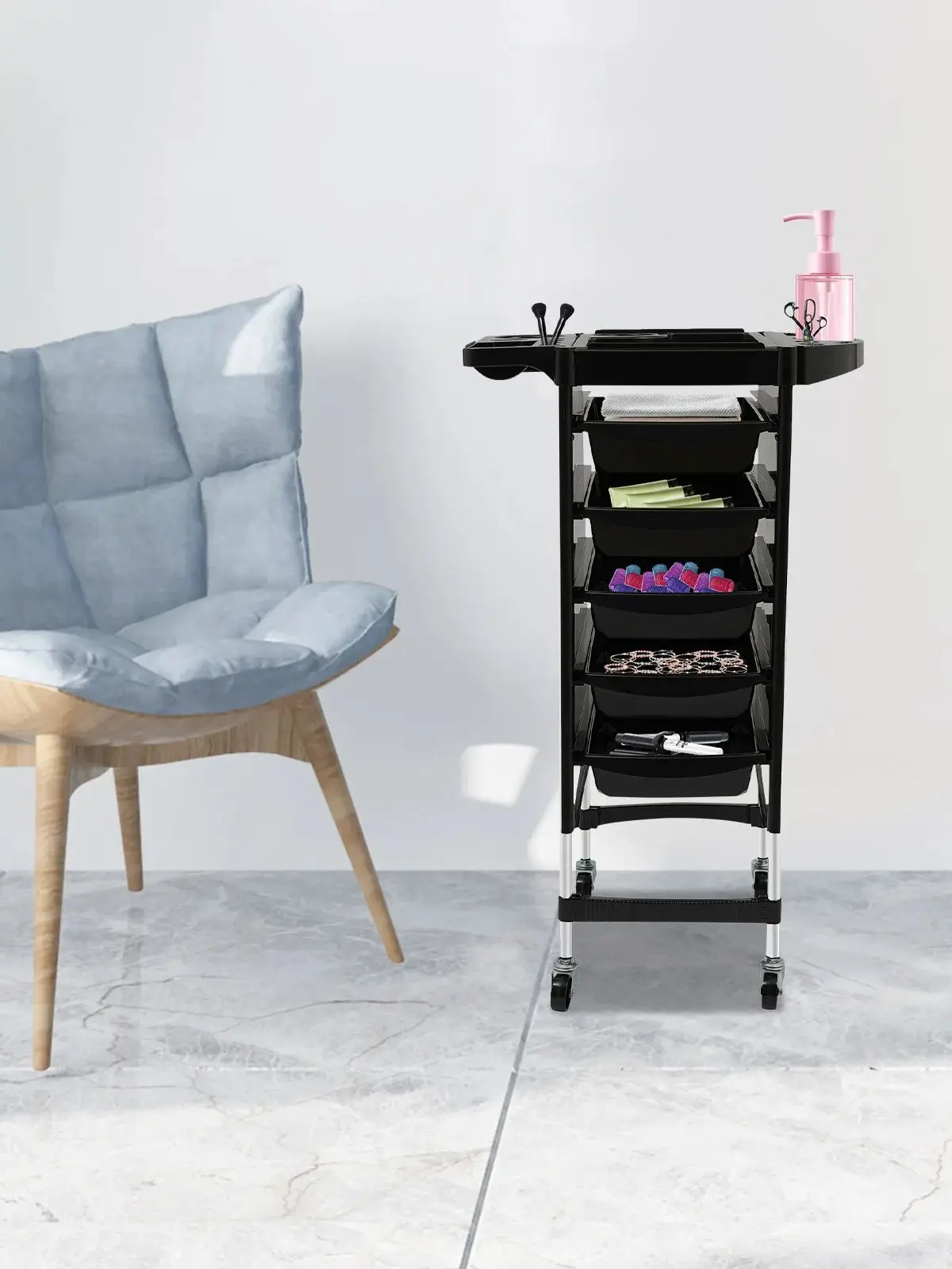 Zwarte salon trolley met 5 laden - Mobiele stylingstation voor kapsalons - afbeelding 2