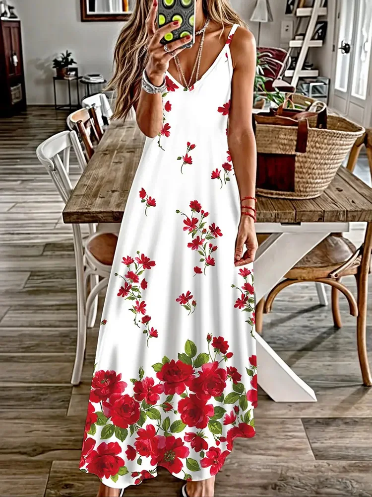 Hawaii Seaside Vacation Sexy V-neck Suspender Dress Fresh Flower Print Street Fashion Sexy Party Dinner Long Evening Dress