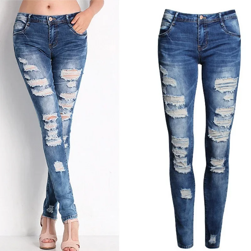 Dżinsy damskie Niebieskie Slim Ripped Jeans dla kobiet Skinny Distressed Washed Stretch Denim Mom Jeans High Waist Pants Femme Bleached — zdjęcie 2