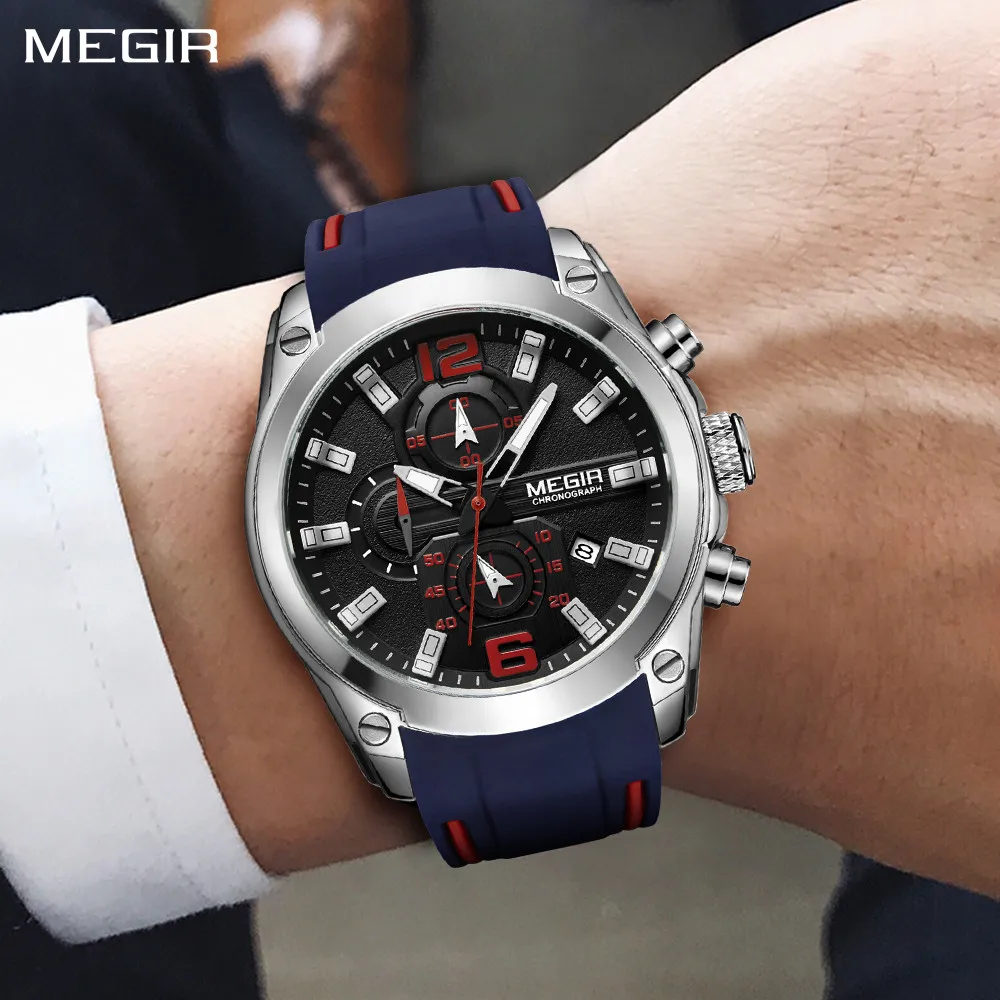 

MEGIR Silicone Watch Brand Luxury Big Dial Sport Quartz Watches Men Waterproof Chronograph Clock relogio masculino Wristwatch