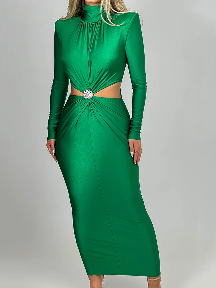 Articat Winter New Long Sleeve HollowOut Diamond Dress For Women Bodycon Elastic Elegant Evening Dress Female Fashion Party Club — zdjęcie 2