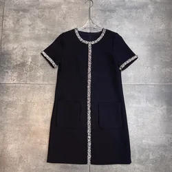 Elegant rhinestone collar short sleeve mini dress