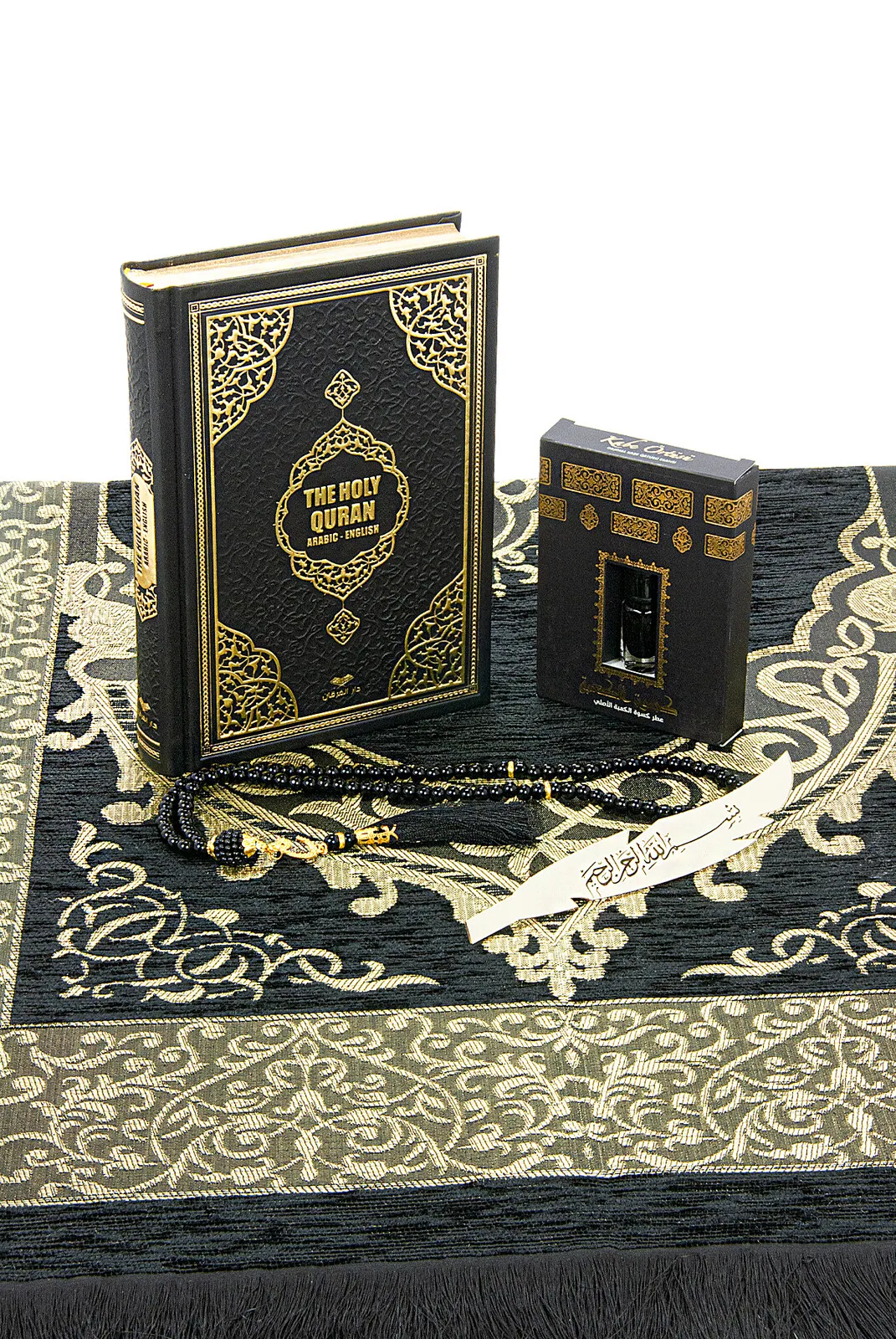 6 Piece English Translation Medina Calligraphy Quran and Prayer Mat Set Ravza Scent Carpet Rug Bookmark Prayer Beads Muslim Kabe