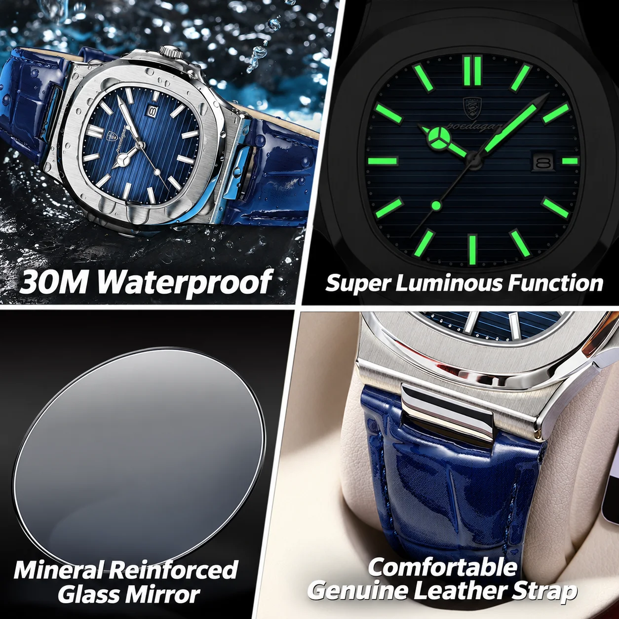 KAIRIS Men's Quartz Watch Blue Dial Leather Strap Stainless Steel Case Date Display Business Casual Wristwatch