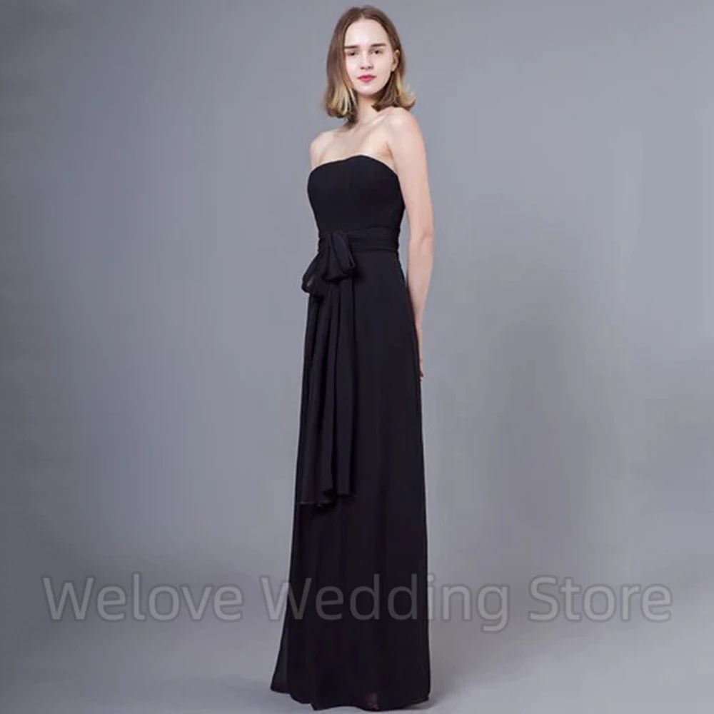 Simple Black Strapless Sleeve Evening Dress A-Line Floor Length with Belt Sexy Open Back Women Banquet Event Custom Made Gowns