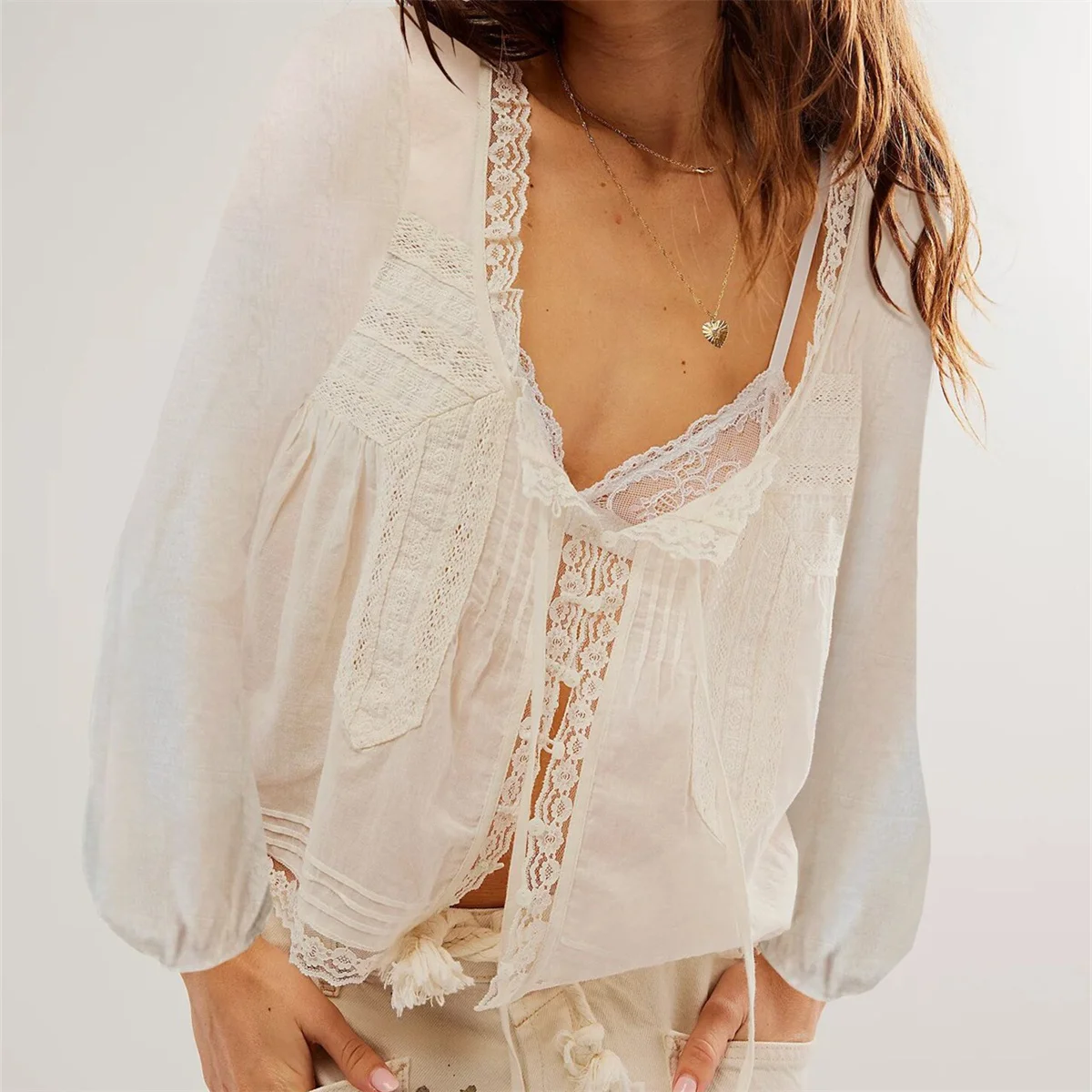 Women See Through Lace Up Long Sleeve Tops Casual Patchwork Buttons Front Basic Shirt Blouses for Club Streetwear Lady Blouse