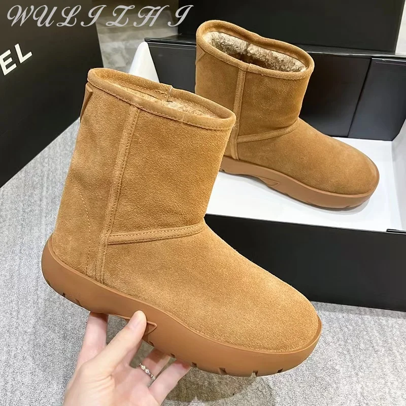 Roman Style Thick Soled Bread Snow Boots for Women 2024 Winter Hot Style Wool Mid Calf Short Boots Plus Velvet Warm Shoe Leather