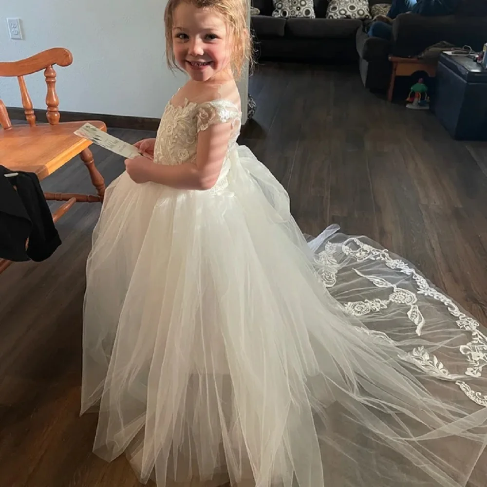 Vestido de primera comunión para niña, traje de baile de manga larga con lazo grande, vestido de dama de honor blanco, fiesta de boda, vestidos de niña de flores, desfile para niños