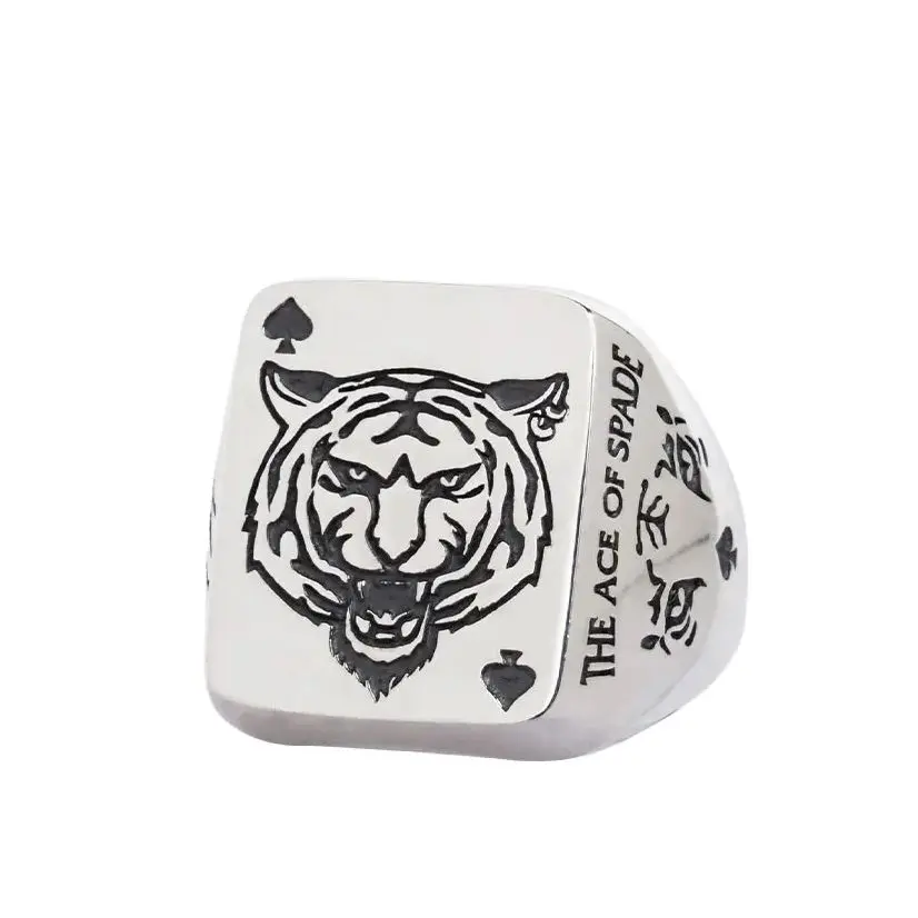 

925 Sterling Silver Punk Rock Ring for Men Gothic Poker Spades Tiger Thumb Ring Edgy Skull Gothic Jewelry Trendy Masculine Gift