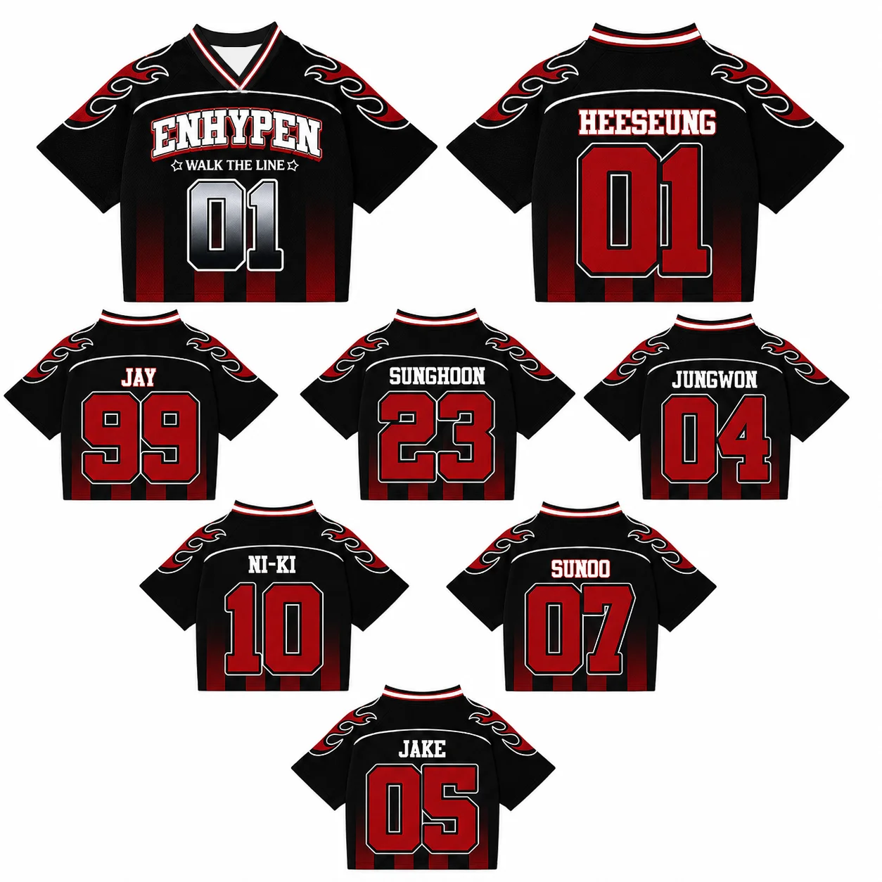 ENHYPEN Walk The Line Tour Cropped Football Jersey Y2K Short Sleeve Top Kpop Member Number Print Fans Concert Top For Kids Adult
