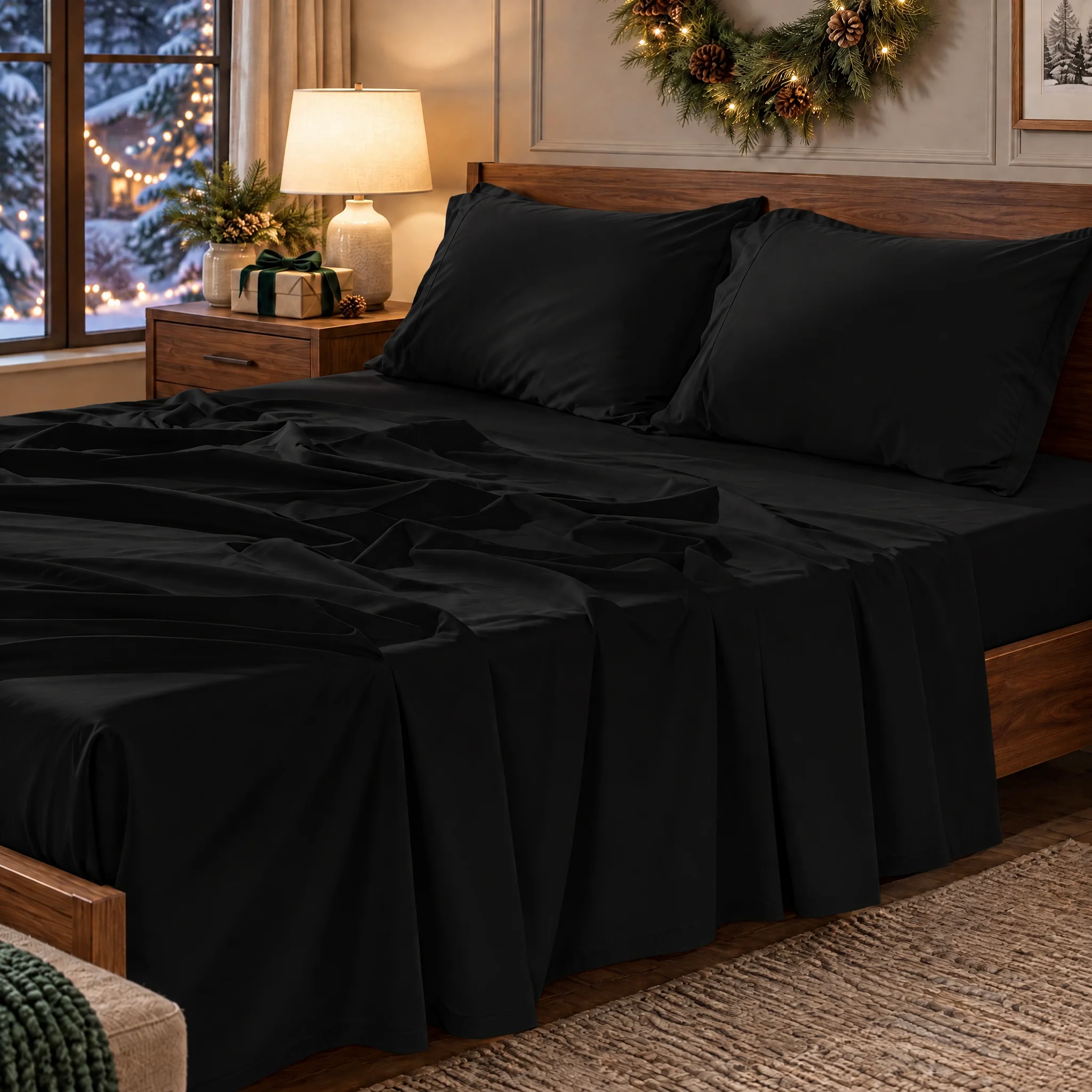 Solid 4-Piece Bedding Sheet Bundle, Twin Full Queen King Size, Deep Pocket Fitted Sheet, Flat Sheet & Pillowcases, Contemporary Bed Linens, Wrinkle Resistant for Winter Holiday Bedroom Makeover