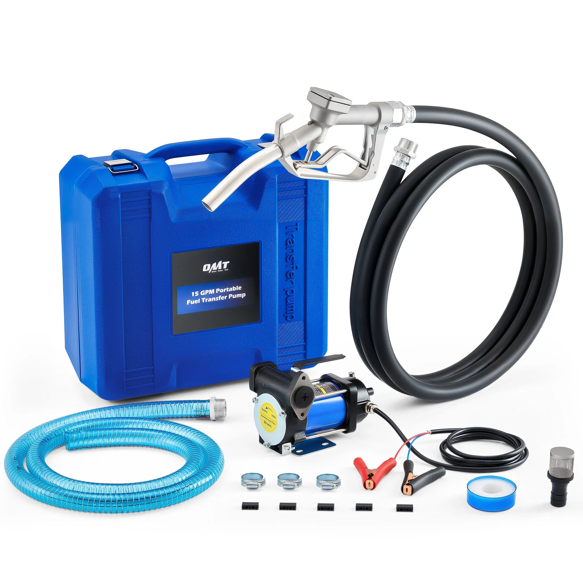 OMT 15gpm 휴대용 연료 이송 펌프 키트 (휘발유, 등유, 경유용, 노즐 포함)