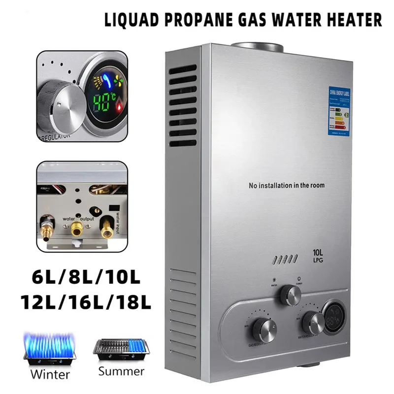 Water Heater 6L 8L 10L 12L 16L 18L LPG Liquefied Petroleum Gas Propane Butane Water Heater Stainless Steel Boiler Kit