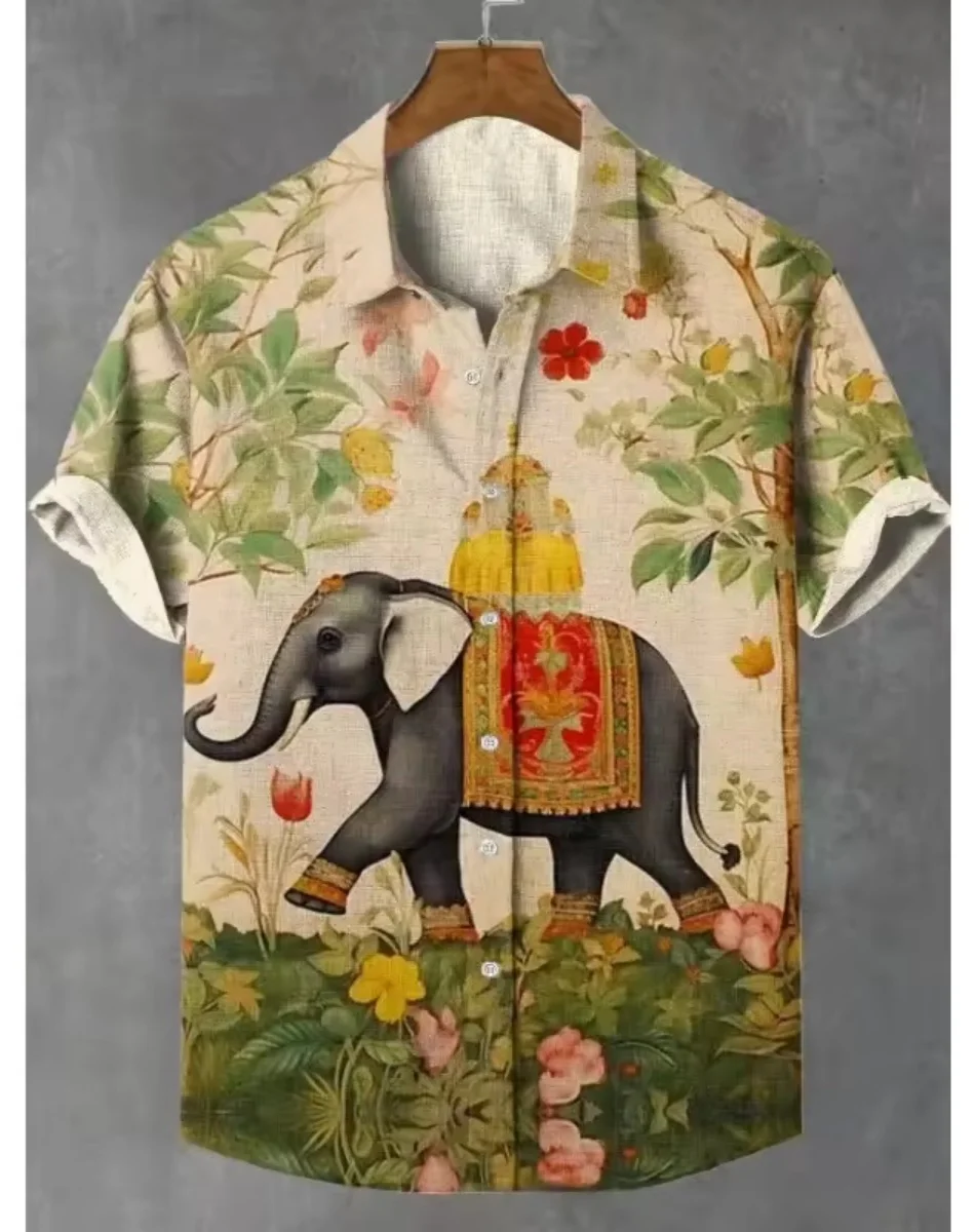 새로운 레트로 남자 민족 코끼리 패턴 인쇄 옷깃 셔츠, 패션 캐주얼 반소매 리넨 빠른 배송