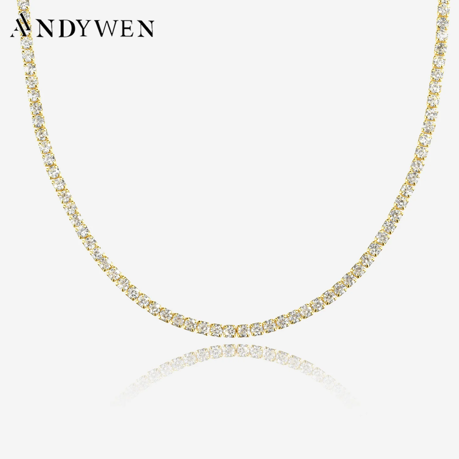 ANDYWEN 925 Sterling Silver 2022 Gold 2mm Thick Tennis CZ Chain Necklace Long Choker Women Crystal Luxury Fine Jewelry Gift