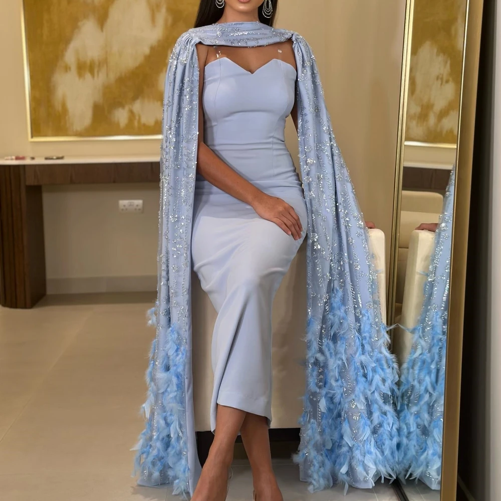 Customized Prom High quality Strapless Sheath Dresses Tassel Paillette / Sequins Stole Organza Evening woman elegant vestidos