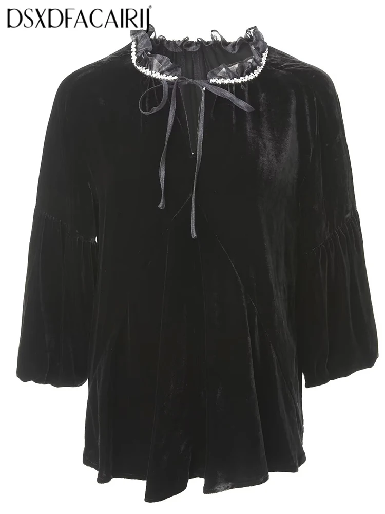 

﻿ DSFACAIRIJ Women's Diamonds Lace-Up Neck Lantern Sleeve High Street Black Velvet Tops Sequins Summer New