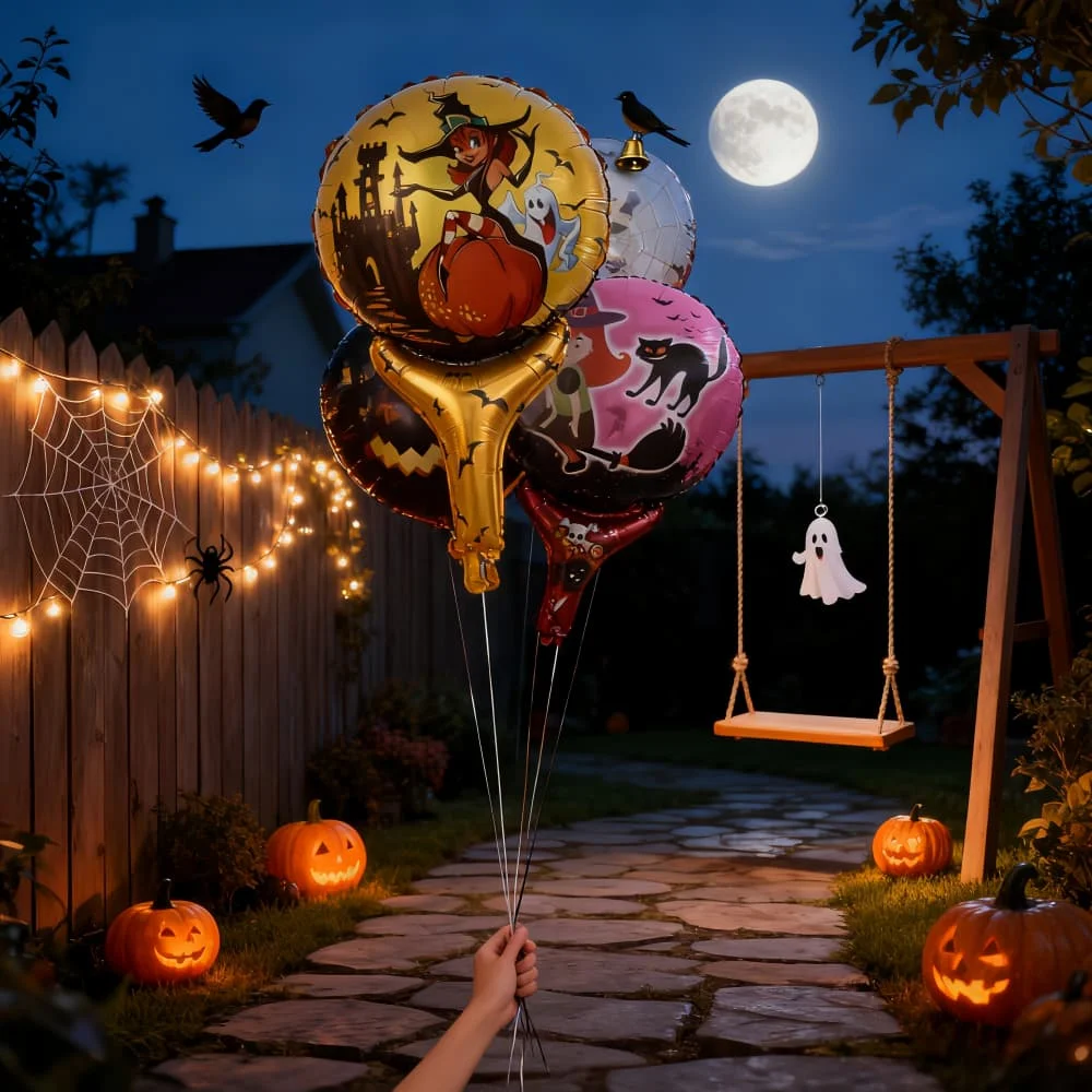 

Halloween Handheld Balloon Stick Pumpkin Bat Black Cat Witch Round Foil Mylar Helium Balloons for Halloween Party Decoration