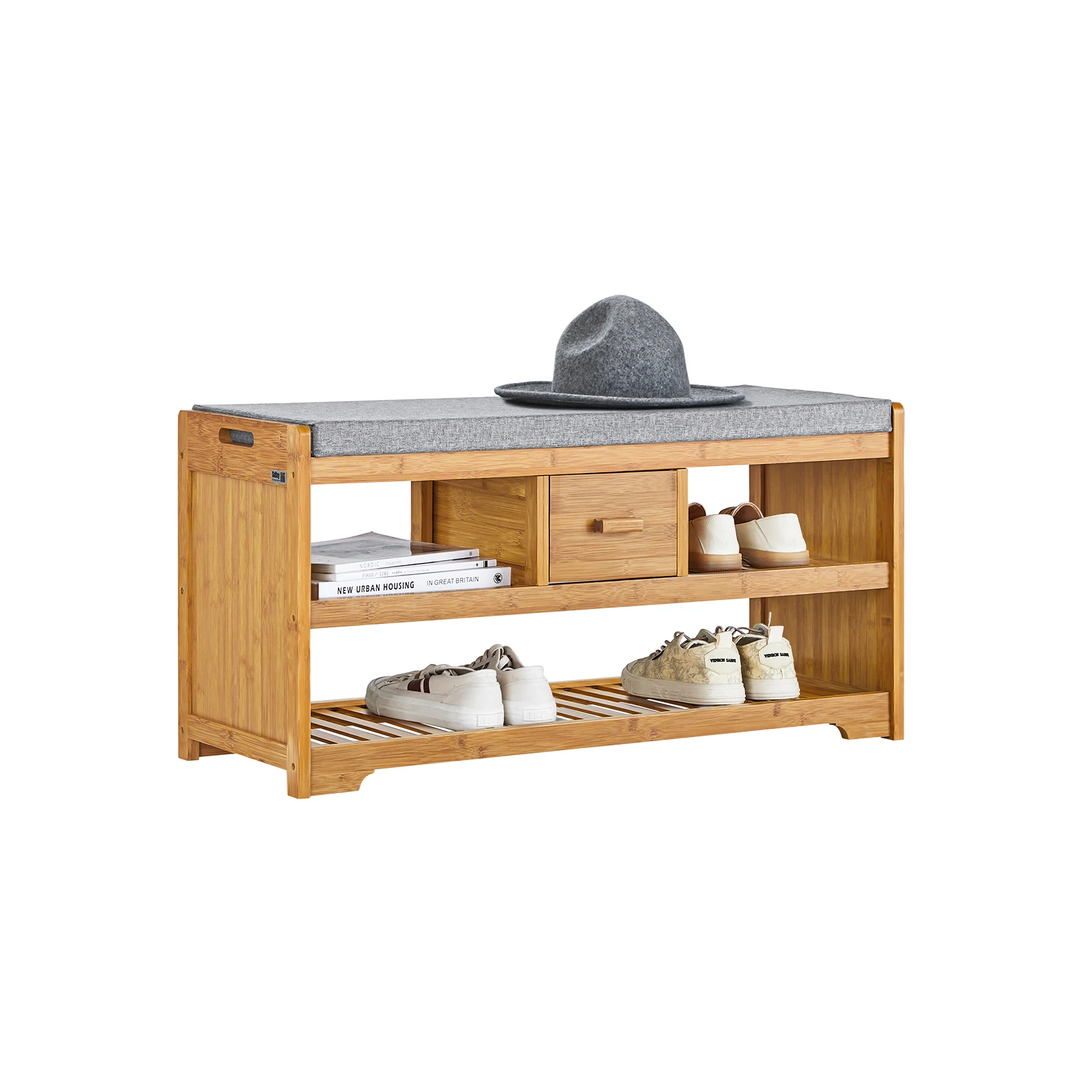 SoBuy scarpiera FSR75-N con 2 ripiani e cassetto con sedile carico capacità 180kg Bambù BHT ca. 91x45x34cm