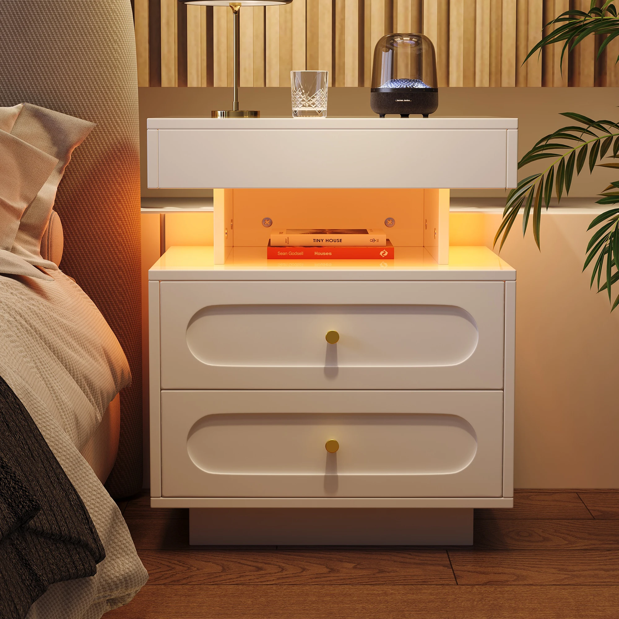 Mesita de noche LED blanca, mueble moderno para dormitorio con 2 cajones y estante abierto, mesa auxiliar de almacenamiento de 50×40×60 cm para uso doméstico en el dormitorio
