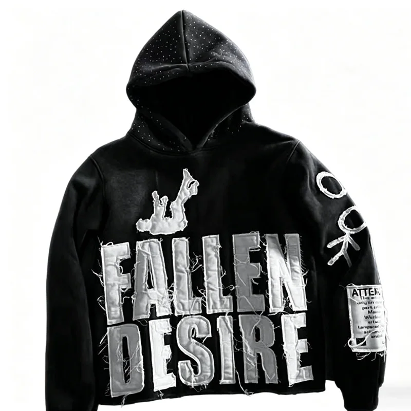 Streetwear style distressed hoodie with frayed edges and a "FALLEN DESIRE" lettering patch. Available in multiple colors. Perfect for unisex casual everyday wear.