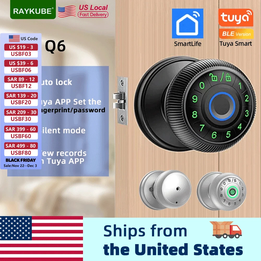 RAYKUBE Q6 Tuya BLE Smart Fingerprint Door Lock Electronic Lock with Password/Key/Smartlife/Tuya APP Unlock For Bedroom From USA