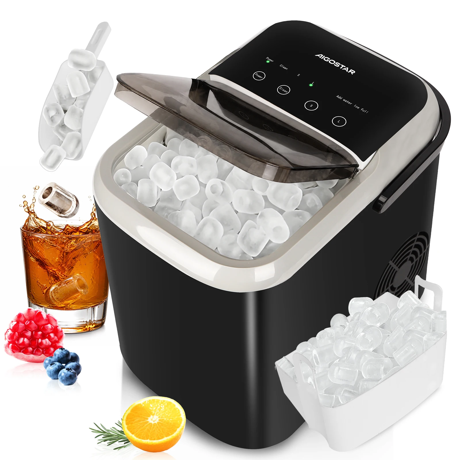 Aigostar Eiswürfelmaschine Klein 1,5L, 130W Eiswürfel Maschine, 9 Eiswürfel in 6 Mins, 14kg/24h, 2 Ice Cube Größen ( Große / Kleine ), Selbstreinigend Ice Maker, Eisbehälter voll & Wassermangelwarnung