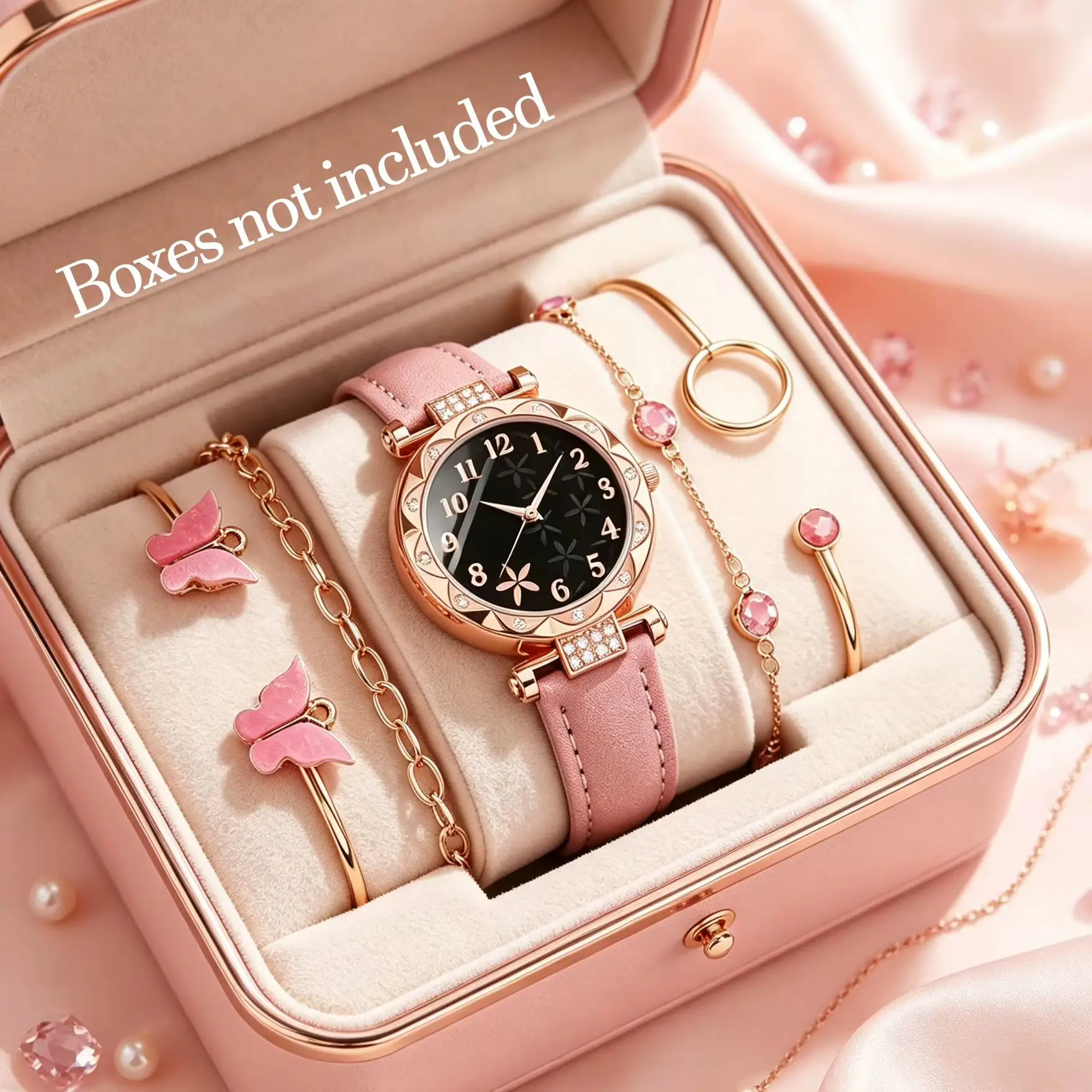 5-Piece Set of Women's Fashionable Quartz Watches with Bracelet Jewelry Set, Pink Pu Leather Watch Strap, Butterfly Earrings, Bracelet and Ring Combination, Elegant Gift Set for Girls (Gift Box Not Included)