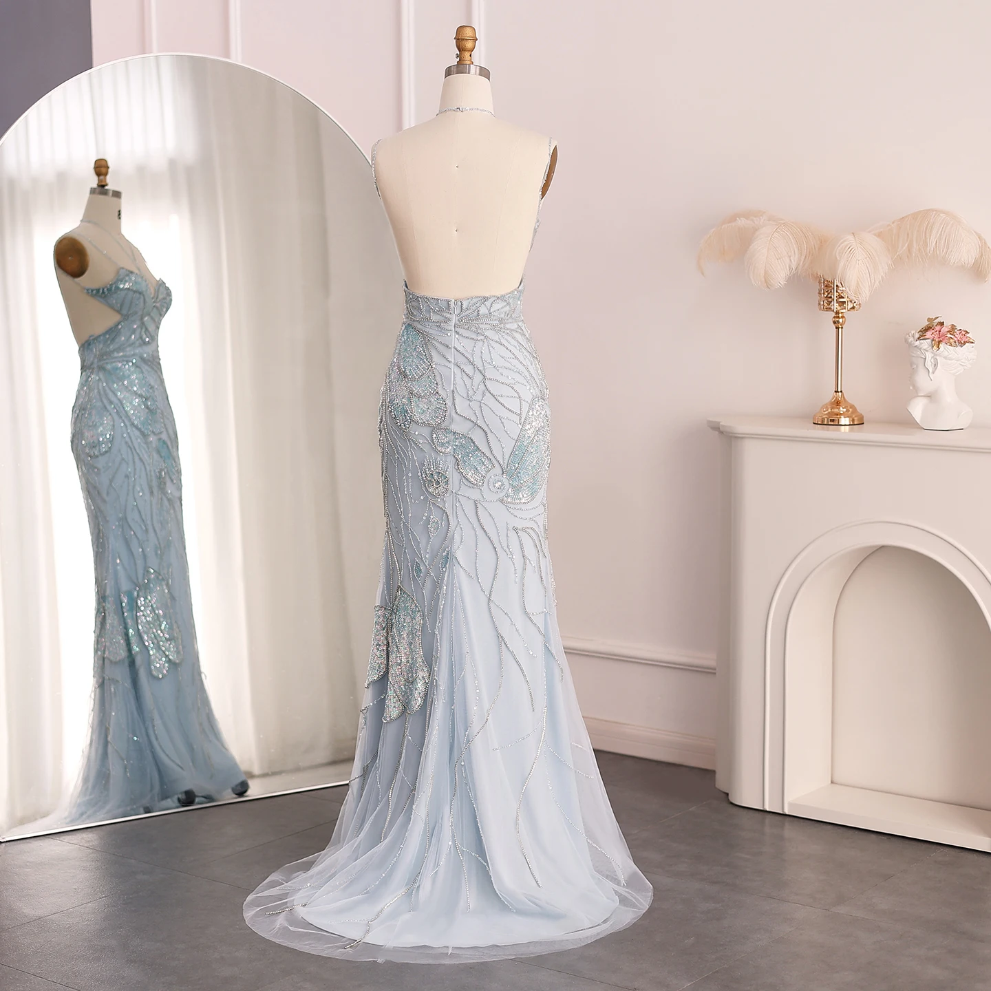 Sharon Said Luxury Mermaid Pink Evening Dresses with Feathers Scarf Spaghetti Dubai Blue Wedding Prom Gowns SS478 Customized