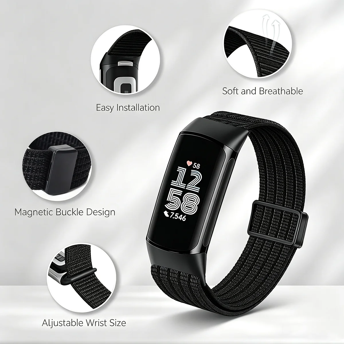 Sport Loop Nylon Watch Bands for Fitbit Charge 6/Fitbit Charge 5, Adjustable Breathable Soft Nylon Loop Wristband for Women/Men