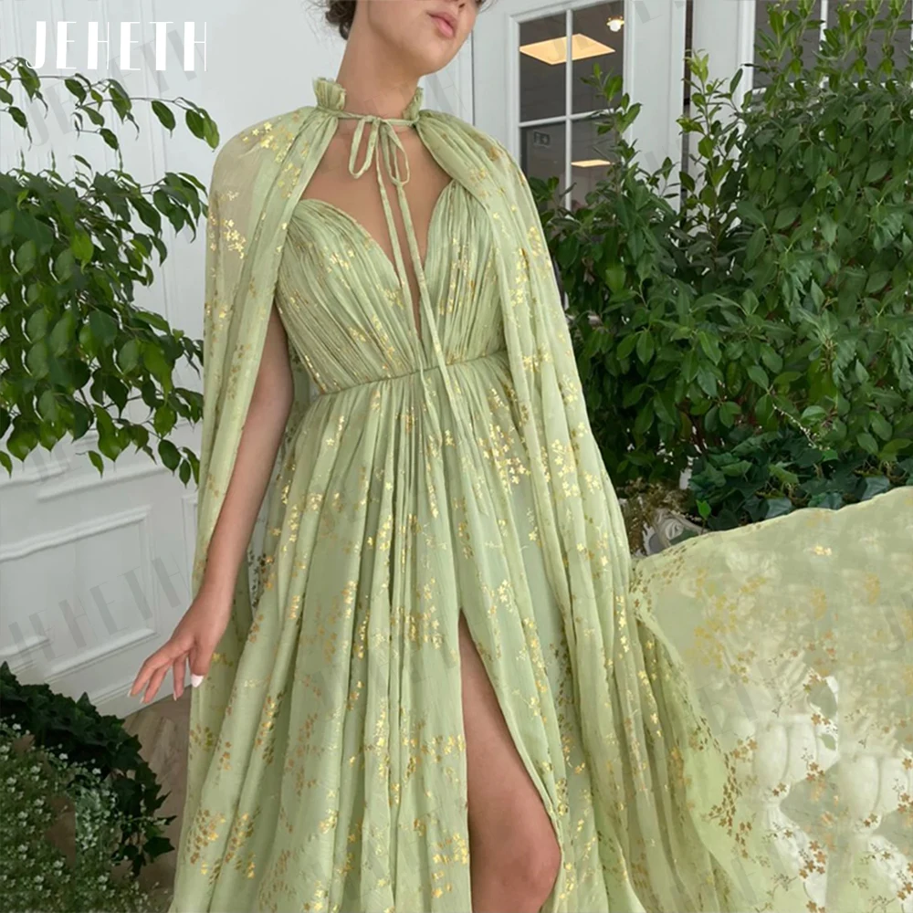 JEHETH Luxury Prom Dresses Light Green Sexy V-Neck Split Strapless Party Backless Evening Gowns Shawl A line فستان سهرة نسائي