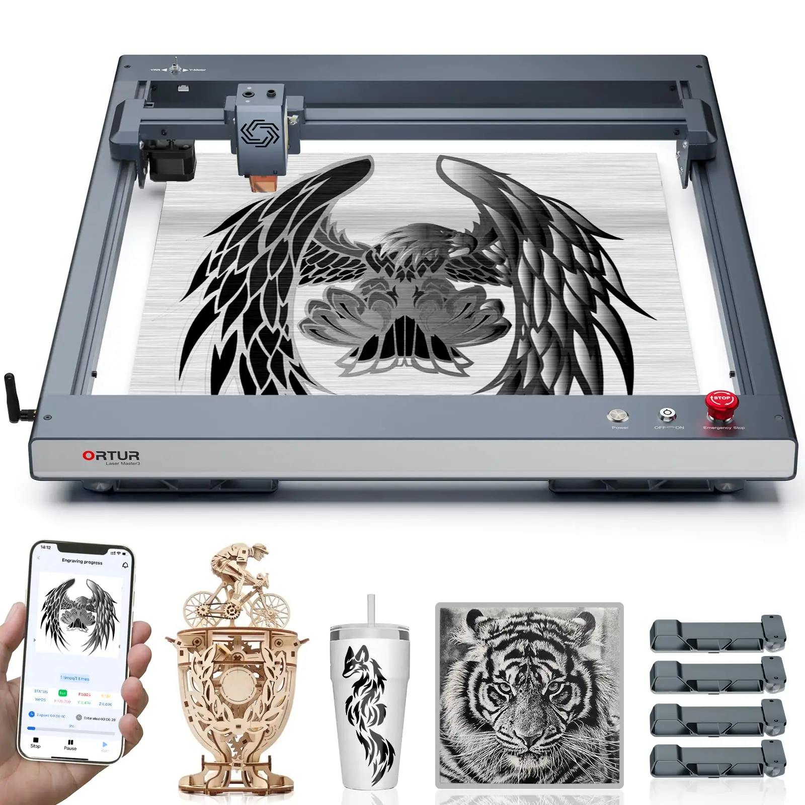 ORTUR Laser Master 3 With Foldable Feet 10W Output Power Laser Engraver 0.05 * 0.1mm Cutter App Metal Engraving Cutting Machine