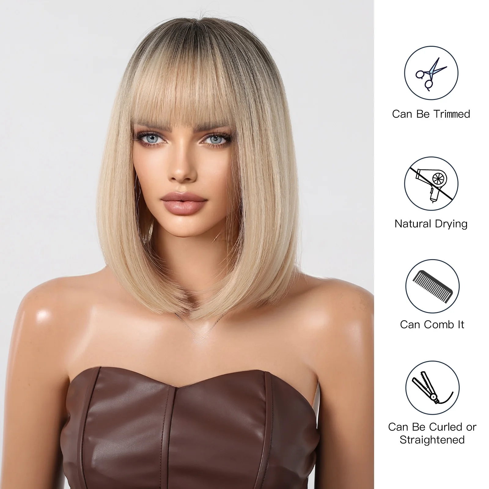 ALAN EATON Short Blonde Bob Synthetic Wigs with Bangs Natural Ombre Dark Roots Hair Wig for Daily Use Heat Resistant Fiber Wig