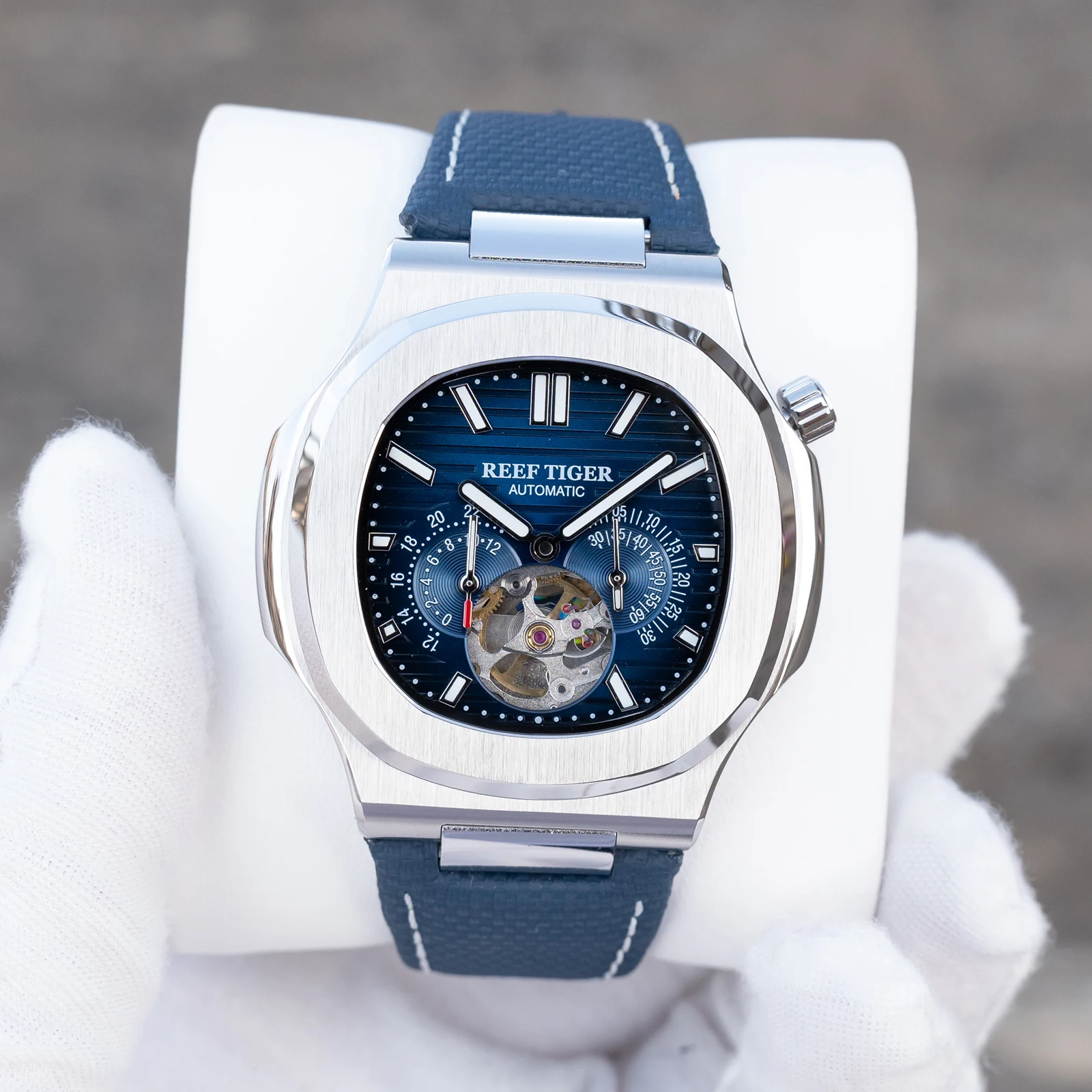 Reef Tiger RT Men's Automatic Watch with Blue Dial Stainless Steel 24-Hour Display And Blue Calfskin Strap Tourbillon Mechanical