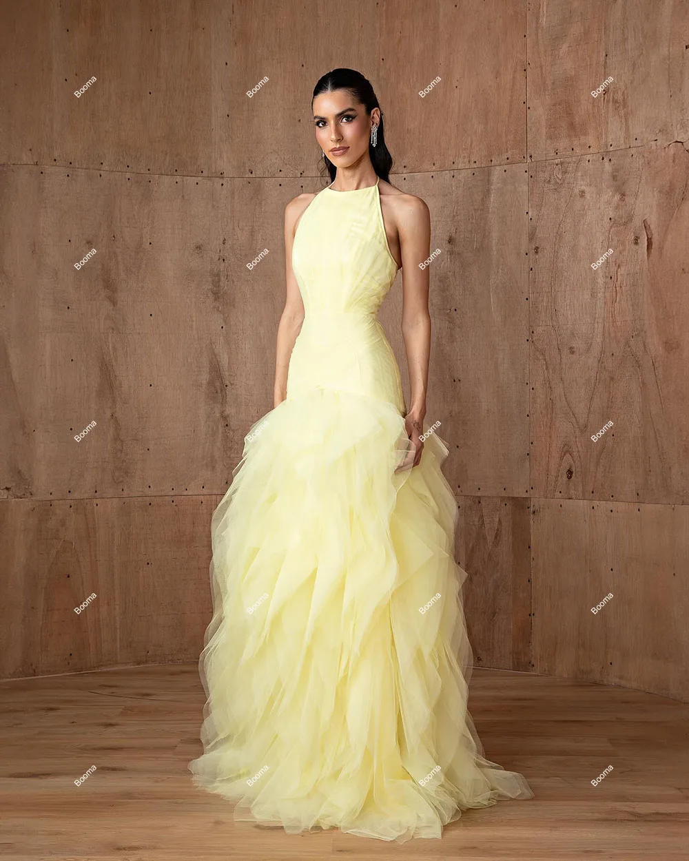 Booma-vestidos de fiesta elegantes de corte en A, vestidos de fiesta formales de tul con volantes y cuello Halter sin mangas para mujer, vestidos de