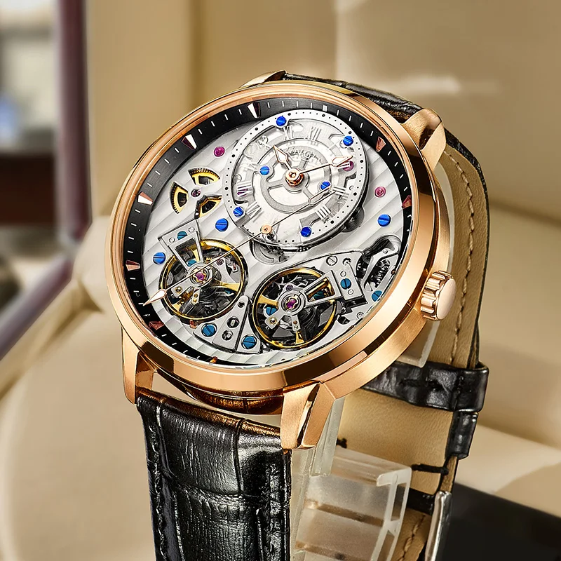 

JINLERY Special Double Flywheel Tourbillon Watch for Men Automatic Wristwatch Fashion Mechanical Luxury Clock Relogio Masculino