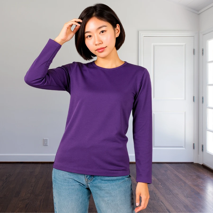 Camiseta Afelpada para Mujer – Manga Larga, Silueta Ajustada, Colores Lisos y Tela Suave